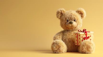 A fluffy teddy bear sits with a yellow gift box on a yellow background.