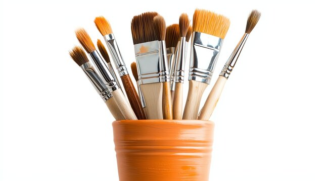 A collection of various paintbrushes arranged in a terracotta pot, showcasing their different shapes and sizes for artistic use.