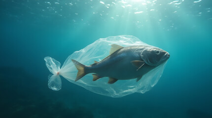Fish Trapped in a Plastic Bag Floating in the Ocean &ndash; Conceptual Image of Marine Pollution and Environmental Crisis