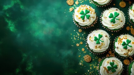 Decorated cupcakes with green shamrocks and gold coins for St. Patrick's Day celebration