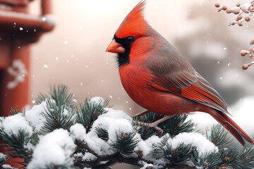 Northern Cardinal in Winter Wonderland: A Vibrant Red Bird Perched on a Snow-Covered Pine Branch