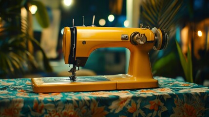 Vintage Yellow Sewing Machine On Floral Tablecloth