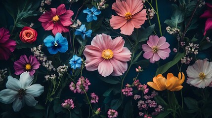 A Colorful Arrangement of Flowers on a Dark Background