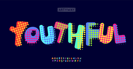 Funny Dotted Alphabet, playful comic book letters with vibrant dots, halftone font for youthful headline, logo, branding, typography, colorful cheerful style. Vector typeset.