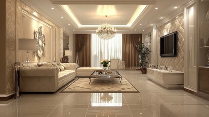 Fototapeta premium Elegant Living Room Interior Design: Luxurious Apartment with Beige Tones and Crystal Chandelier