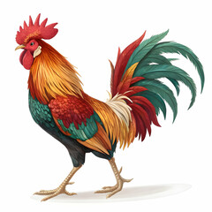 Fototapeta premium Majestic rooster with vibrant feathers standing proud on a white background
