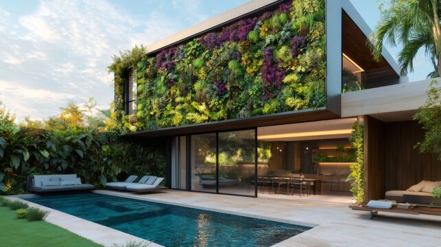 Modern house featuring a large green wall and a swimming pool