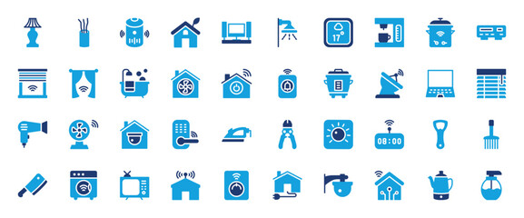 Set of Home and Electronics icon. Bottle Opener, Laptop, Blinds, Bath Tub, Weather, House, Smart Curtain, Butcher Knife, Cctv Camera, Coffee Pot, Shower, Candelabra, Lamp vector illustration. 