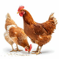 Fototapeta premium Two light brown chickens grazing in a simple transparent setting
