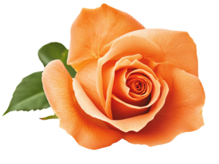 Beautiful orange rose with green leaves on a transparent background