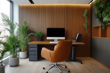 Modern workspace with wooden accents and indoor plants in bright setting