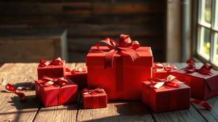 Obraz premium Red gift boxes on wooden table in sunlight