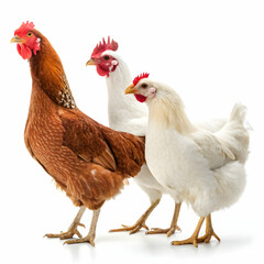 Fototapeta premium Two white chickens and one brown hen isolated on white background