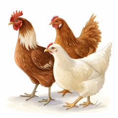 Fototapeta premium Two brown chickens and one white hen isolated on white background