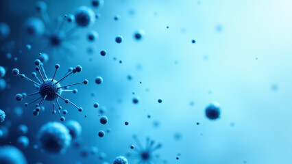 Close-up microscopic view of a semaglutide molecule surrounded by other particles against a blue background.