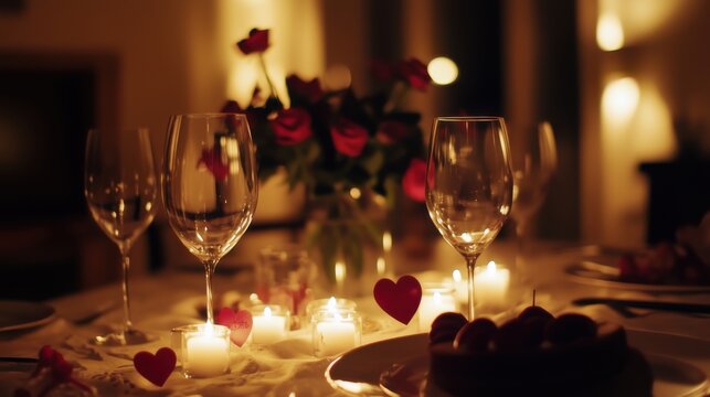 Romantic dinner setting with candles and roses for a special occasion in an intimate atmosphere