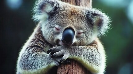 Fototapeta premium Sleepy Koala Resting On Tree Trunk In Nature