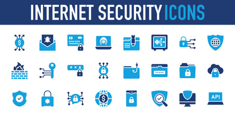 Set of Internet Security icon. Firewall, Security, Encrypted , Search, Secure, Networking, Folder, Webpage, Lock, Cloud, Data Protection, Dollar, Mobile, Monitor, Api, Network vector.