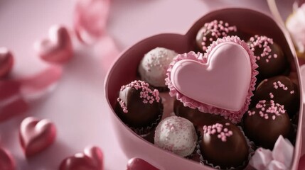 Fototapeta premium Heart-shaped box filled with chocolates and cookies for a romantic occasion in a soft pastel setting