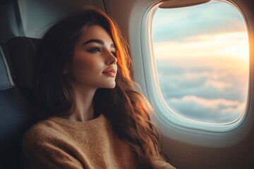 Fototapeta premium Young woman looking at sunset from airplane window during flight