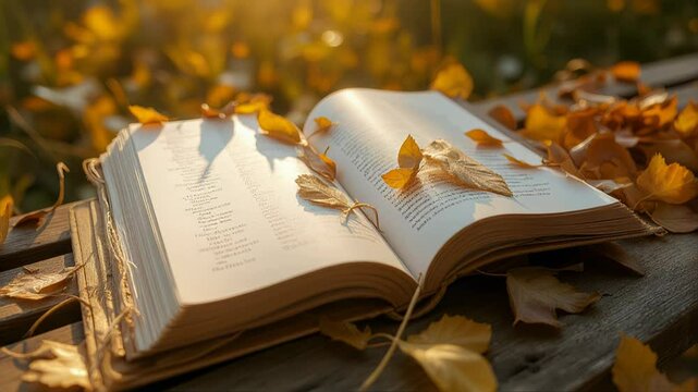 Open poetry book with autumn leaves on a wooden surface.