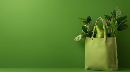Eco-Friendly Shopping Bag with Green Leaves on Monochrome Background