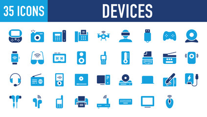 Set of 35 Devices icon. Earpods, Headphone, Router, Screen,  Vr Glasses, Camera, Tablet, Power Bank, Earphone, Walkie Talkie, Printer, Keyboard, Monitor, Mouse, Video Game, Landline illustration.