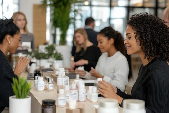 A lively scene of diverse individuals sampling skincare products at a trendy beauty bar, exemplifying social interaction and modern beauty culture.