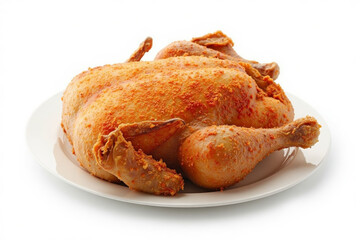 Whole seasoned roasted chicken on white plate with golden crispy skin copy space