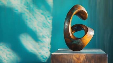 A modern, abstract sculpture made of copper and wood, displayed on a wooden stand.
