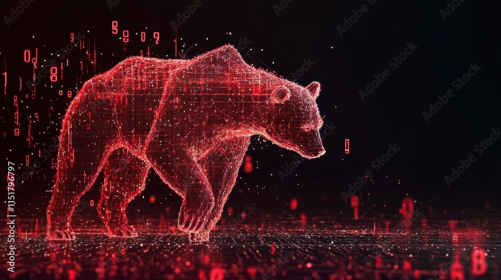 Poster digital bear representation in red binary code with dark background
