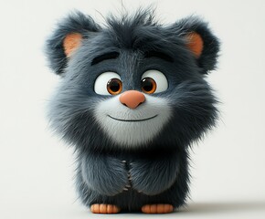 Obraz premium Adorable cartoon gray bear cub with fluffy fur, sitting and smiling.