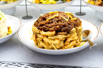 Eastern Sweet - Chak-Chak with Honey Syrup and Jam. Close-up. Restaurant Menu.