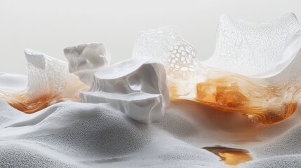 Abstract Sculptures:  White Forms and Amber Liquid in a Textured Landscape