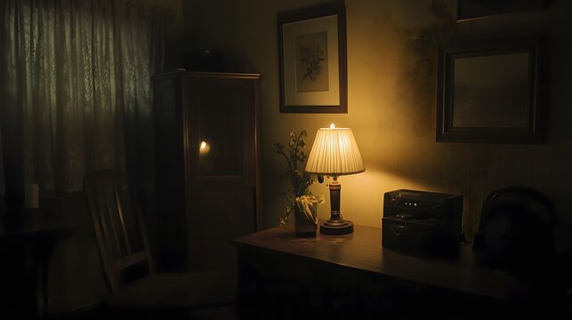 Dark room with faint emergency exit sign glow during power blackout, capturing sudden disruption and eerie stillness with scattered objects faintly visible in dim light.