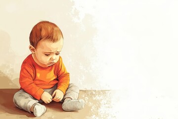 Fototapeta premium A Sad Baby Boy Sitting On The Floor