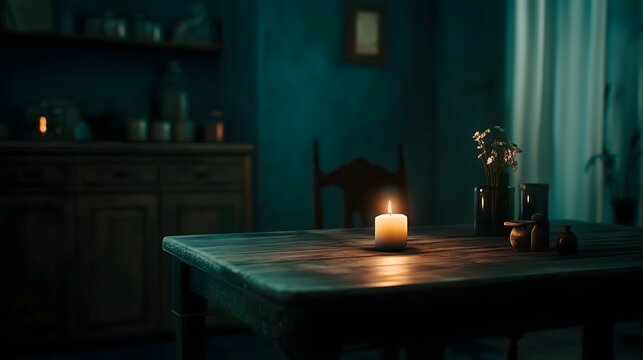 Dark room with faint emergency exit sign glow during power blackout, capturing sudden disruption and eerie stillness with scattered objects faintly visible in dim light.