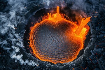 Stunning aerial perspective of a volcano crater eruption with flowing lava and dramatic landscape