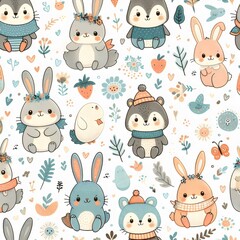 Children's wallpaper design, pattern with rabbits.