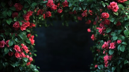 Beautiful Floral Archway with Red Roses and Green Leaves Background