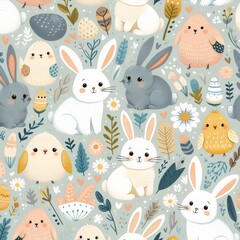 Easter wallpaper. Seamless pattern with rabbits and birds. 