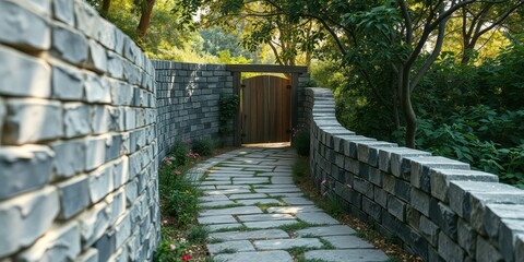 Serene Garden Path with Stone Walls and Wooden Gate