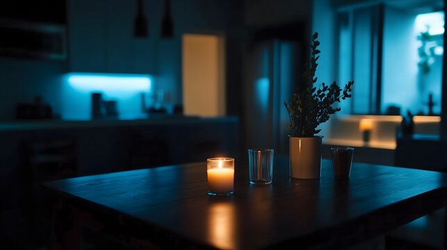 Dark room with faint emergency exit sign glow during power blackout, capturing sudden disruption and eerie stillness with scattered objects faintly visible in dim light.