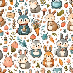 Seamless pattern with cartoon animals and plants on a white background.