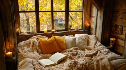 Cozy Autumn Reading Nook by Window with Candles