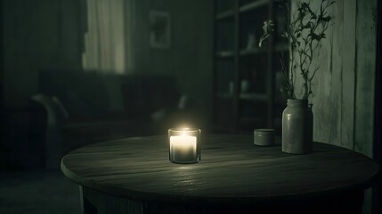 Dark room with faint emergency exit sign glow during power blackout, capturing sudden disruption and eerie stillness with scattered objects faintly visible in dim light.