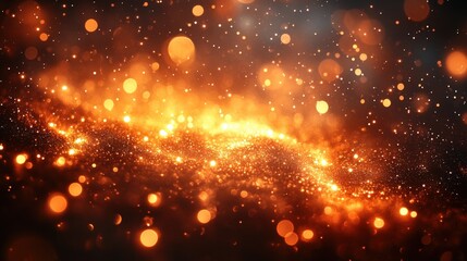 Abstract orange and black glitter background with bokeh lights.