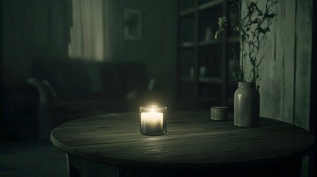 Dark room with faint emergency exit sign glow during power blackout, capturing sudden disruption and eerie stillness with scattered objects faintly visible in dim light.