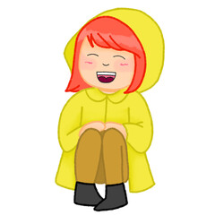 a cartoon of a girl in yellow raincoat sitting on the white background