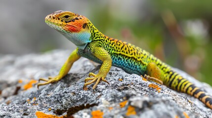 Fototapeta premium A vibrantly colored lizard on a rock.